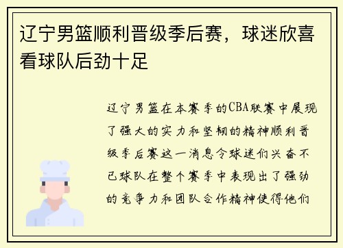 辽宁男篮顺利晋级季后赛，球迷欣喜看球队后劲十足